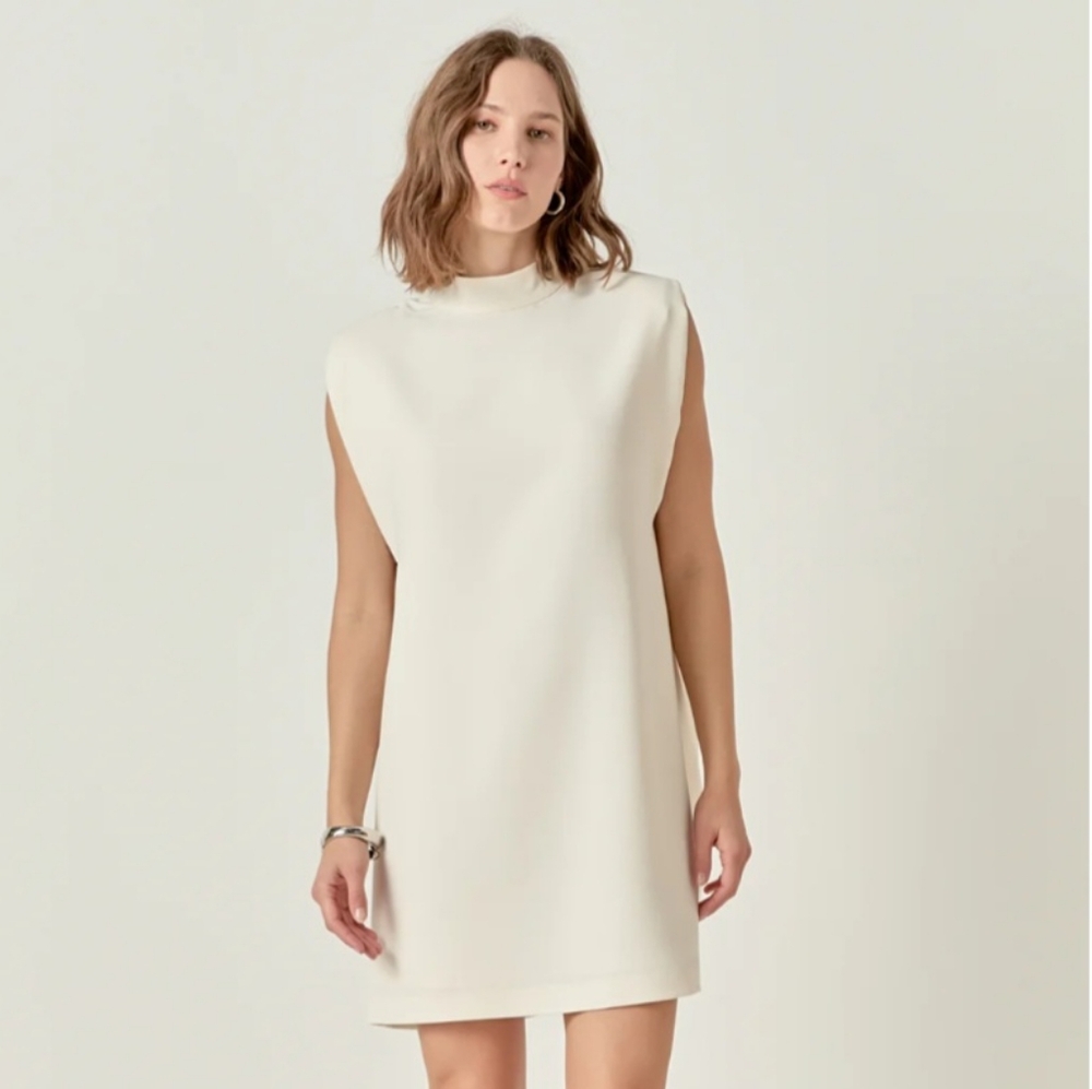 English Factory Cream Sheath Mini Dress Mock Neck
